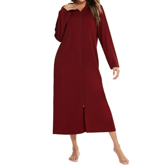 Previn Women's House Coat Long Sleeve Robe Cotton Spa Hooded Zipper Zip Up Sleeping Winter Warm Hoodie Long Bathrobe Red X-Large