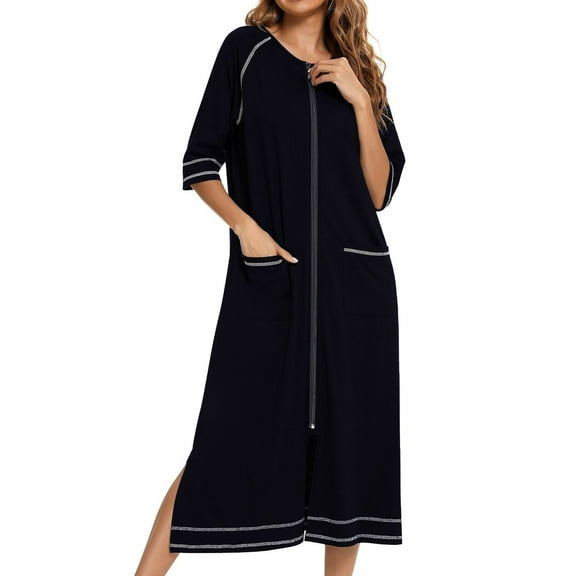 Previn Women's House Coat Zipper Zip Up Maternity Robe House Dress Pocket Summer Nursing Nightgown Soft Zip Up Comfy Housecoat Loose Sleepwear Black Small