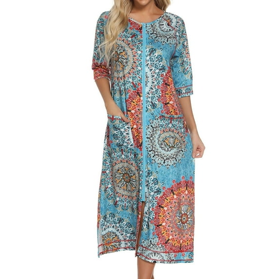 Previn Women's House Coat Zipper Zip Up Maternity Robe House Dress Pocket Summer Nursing Nightgown Soft Zip Up Comfy Housecoat Loose Sleepwear Blue Small