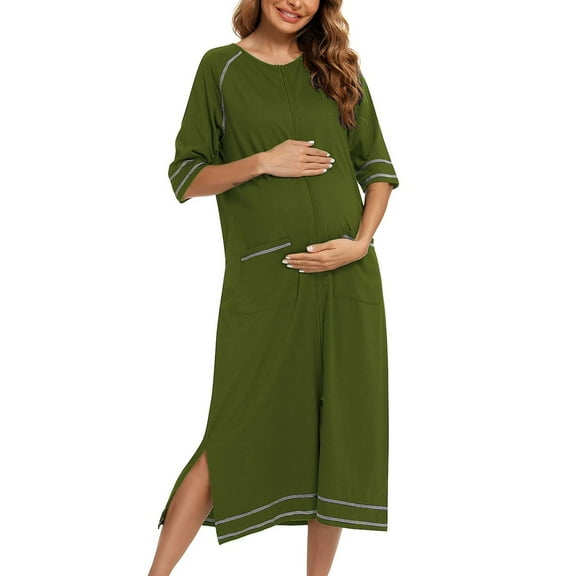 Previn Women's House Coat Zipper Zip Up Maternity Robe House Dress Pocket Summer Nursing Nightgown Soft Zip Up Comfy Housecoat Loose Sleepwear Army Green XX-Large