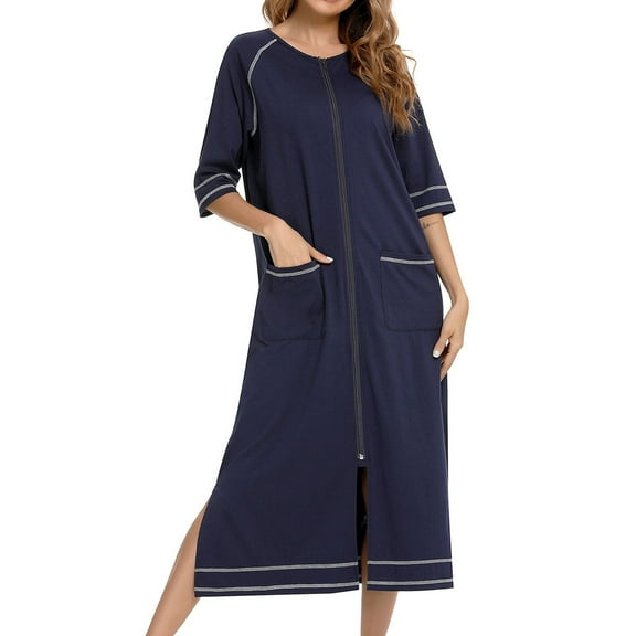 Previn Women's House Coat Zipper Zip Up Maternity Robe House Dress Pocket Summer Nursing Nightgown Soft Zip Up Comfy Housecoat Loose Sleepwear Navy Large