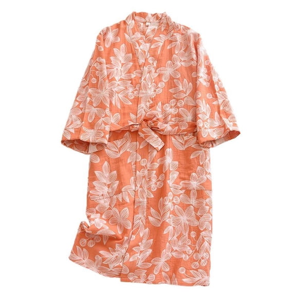 Previn Women's Kimono Bath Robe Cool Bathrobes Home Drop Shoulder Cotton Baggy Chic Self Tie Printed Comfy Orange Large