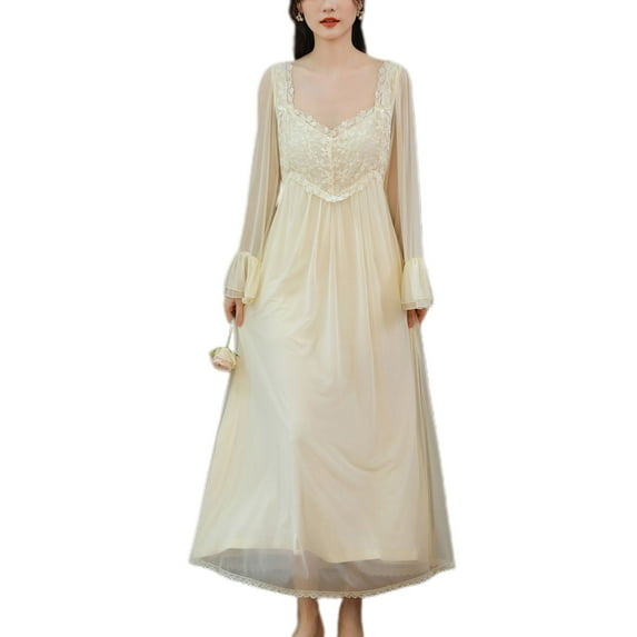 Previn Women's Long Sleeve Cotton Nightgown Lace Overlay Vintage Victorian Sleep Dress Ruffle Princess Bell Sleeve Layered Tulle Long Pajama Dress Soft Cute Sleepwear Apricot Medium