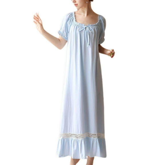 Previn Women's Long Sleeve Victorian Nightgown Summer Night Gown Princess Cotton Fall Long Sleep Dress Spring Thin Ruffle Sleepwear Blue1 Medium
