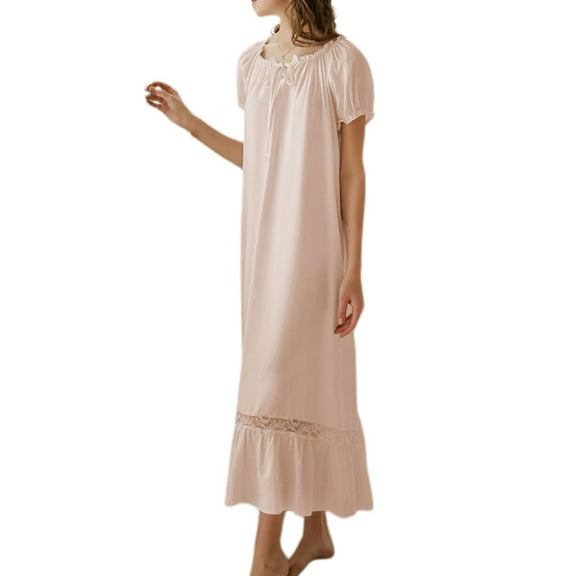 Previn Women's Long Sleeve Victorian Nightgown Summer Night Gown Princess Cotton Fall Long Sleep Dress Spring Thin Ruffle Sleepwear Pink1 Medium