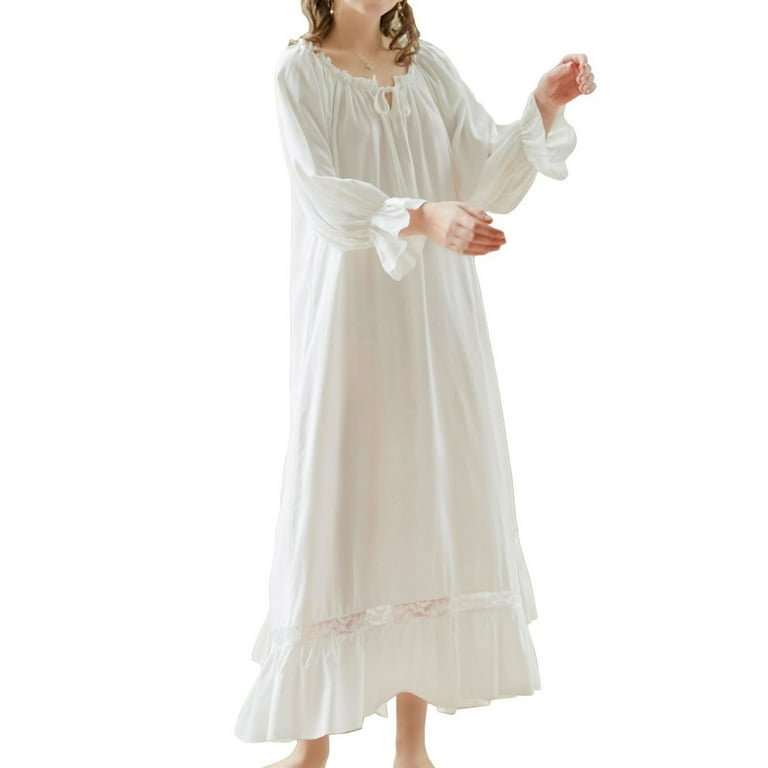 Previn Women s Long Sleeve Victorian Nightgown Summer Night Gown Princess Cotton Fall Long Sleep Dress Spring Thin Ruffle Sleepwear White Medium Walmart