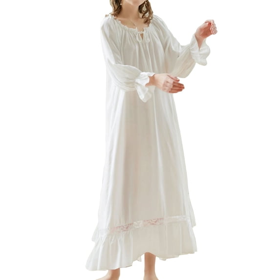 Previn Women's Long Sleeve Victorian Nightgown Summer Night Gown Princess Cotton Fall Long Sleep Dress Spring Thin Ruffle Sleepwear White Medium