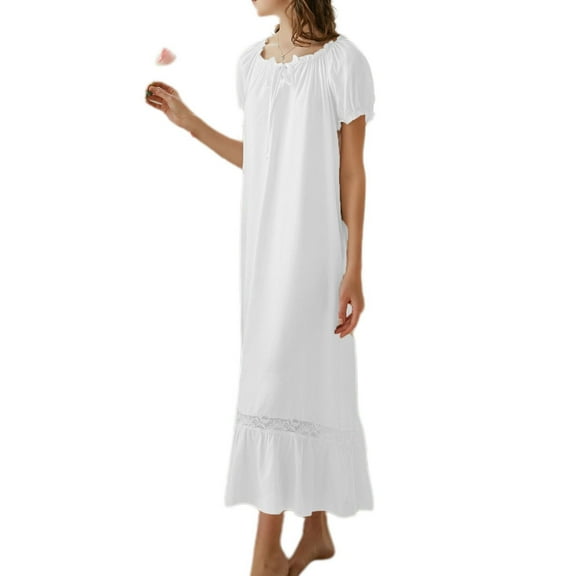 Previn Women's Long Sleeve Victorian Nightgown Summer Night Gown Princess Cotton Fall Long Sleep Dress Spring Thin Ruffle Sleepwear White1 Medium