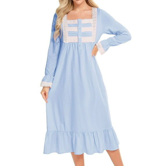 Previn Women's Long Sleeve Vintage Nightgown Victorian Night Gown Princess Old Fashioned Long Sleep Dress Soft Lightweight Vintage Loose Lace Sleepwear Light Blue Large