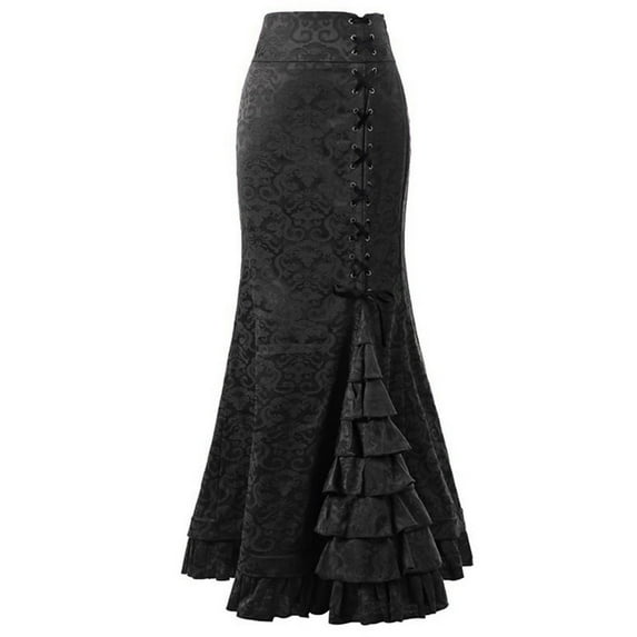 Previn Women's Maxi Medieval Skirt Ruffle Renaissance Halloween Victorian Skirts Fitted Mermaid Tail Summer High Waisted Lace Up Black X-Small