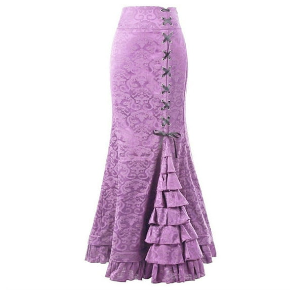 Previn Women's Maxi Medieval Skirt Ruffle Renaissance Halloween Victorian Skirts Fitted Mermaid Tail Summer High Waisted Lace Up Light Purple X-Small