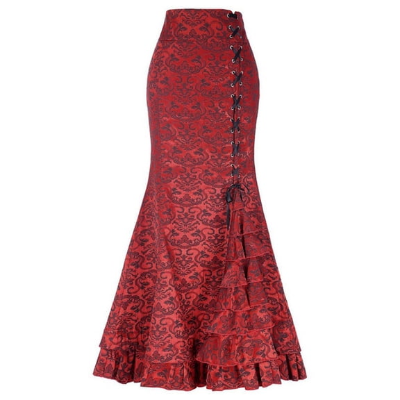 Previn Women's Maxi Medieval Skirt Ruffle Renaissance Halloween Victorian Skirts Fitted Mermaid Tail Summer High Waisted Lace Up Red Medium
