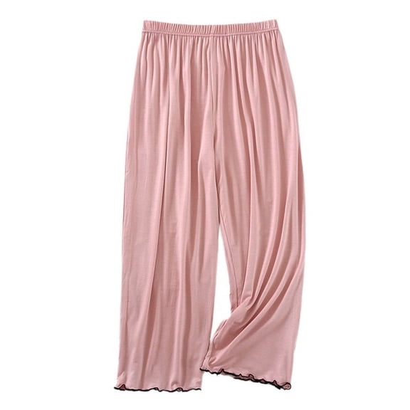 Previn Women's Pajama Pants Pj Capri Pants Falbala Sleep Bottoms Elastic Band Modal Loose Home Cool Fall Medium Waist Gaucho Pink Medium