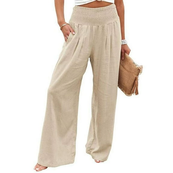 Previn Women's Palazzo Pants Wide Leg Casual Loose Fit Summer Pleated Pocket Casual Pants Spandex Trousers Apricot X-Large