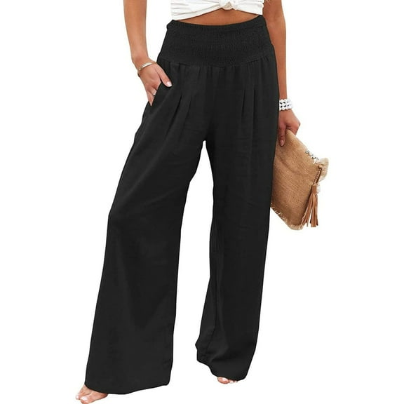 Previn Women's Palazzo Pants Wide Leg Casual Loose Fit Summer Pleated Pocket Casual Pants Spandex Trousers Black Large