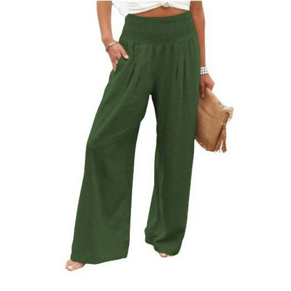 Previn Women's Palazzo Pants Wide Leg Casual Loose Fit Summer Pleated Pocket Casual Pants Spandex Trousers Green 3X-Large