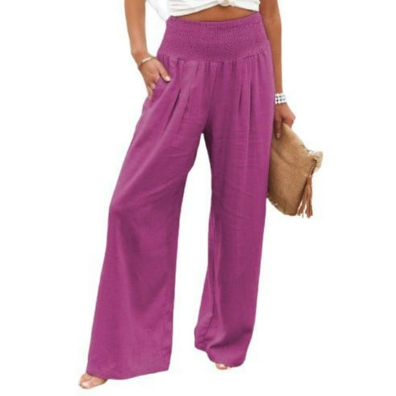 Previn Women's Palazzo Pants Wide Leg Casual Loose Fit Summer Pleated Pocket Casual Pants Spandex Trousers Rose 3X-Large