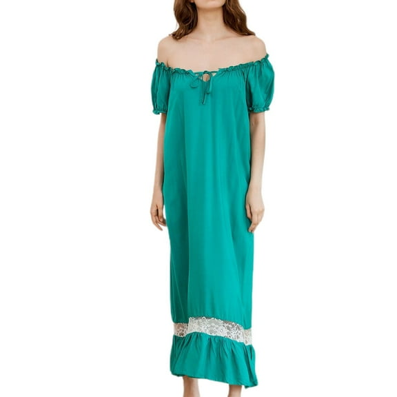 Previn Women's Princess Nightgown Short Sleeve Victorian Vintage Night Dress Cotton Fall Long Sleep Dress Comfy Green Large