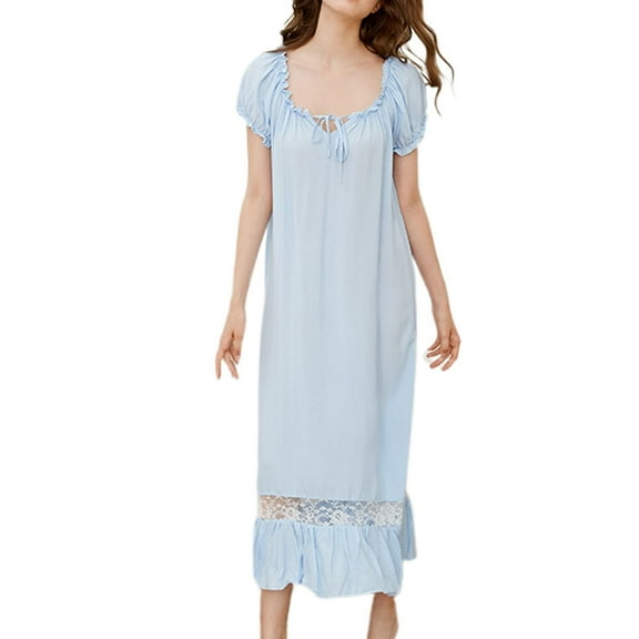 Previn Women's Princess Nightgown Short Sleeve Victorian Vintage Night Dress Cotton Fall Long Sleep Dress Comfy Light Blue X-Large