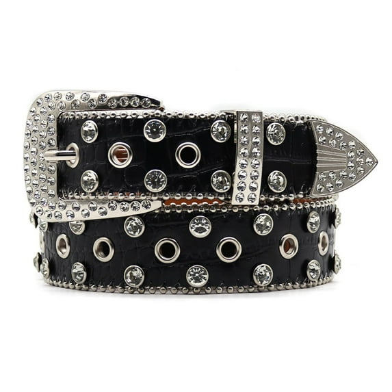 Previn Women's Rhinestone Faux Leather Belt Bling Mardi Gras Disco Metal Buckle Basic Buckle Metal Medium Black crocodile 36.5inches-41.5inches