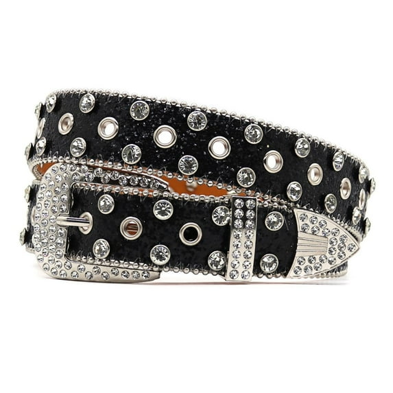 Previn Women's Rhinestone Faux Leather Belt Bling Mardi Gras Disco Metal Buckle Basic Buckle Metal Medium Dark Black 26.5inches-31.5inches