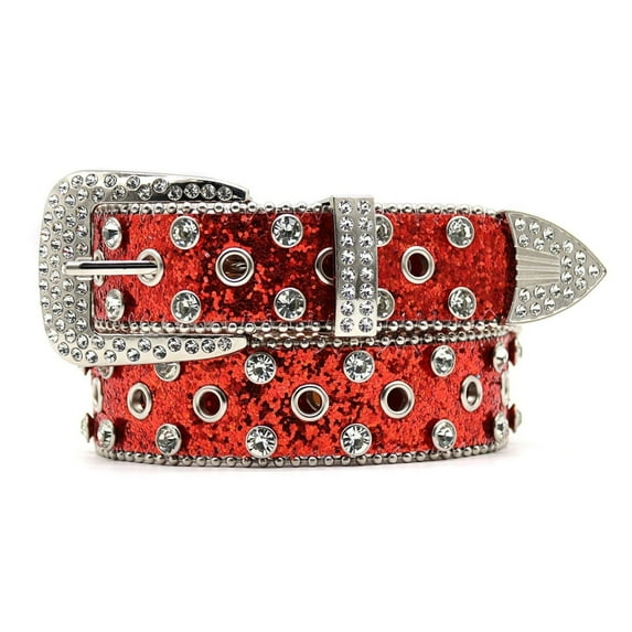 Previn Women's Rhinestone Faux Leather Belt Bling Mardi Gras Disco Metal Buckle Basic Buckle Metal Medium Red 31.5inches-36.5inches