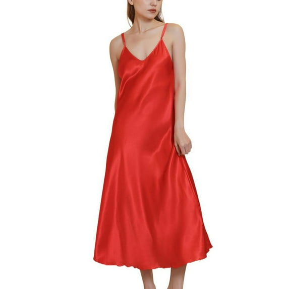 Previn Women's Satin Nightgown Valentines Day Cami Pajamas Cami Long Night Dress Silky V Neck Comfy Thin Sleeveless Slip Chemise Negligee Lingerie Red Small