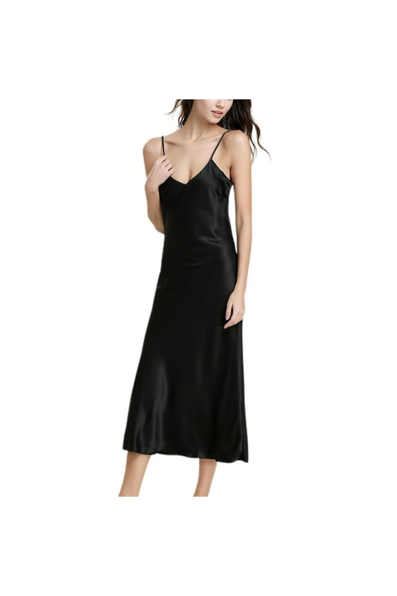 Women's Sexy Satin Nightgown Chemise Negligee Lingerie Slip nightdress Valentines Day Pjs Halloween Satin Summer Long Silky Cool Fall Lightweight Black Large