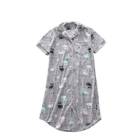 Previn Women's Short Sleeve Nightgown Cute Cotton Sleep Dress Knee Length Nightshirt Cartoon Printed Summer Button Up Sleep Shirt Sleepwear Grey Owl X-Large