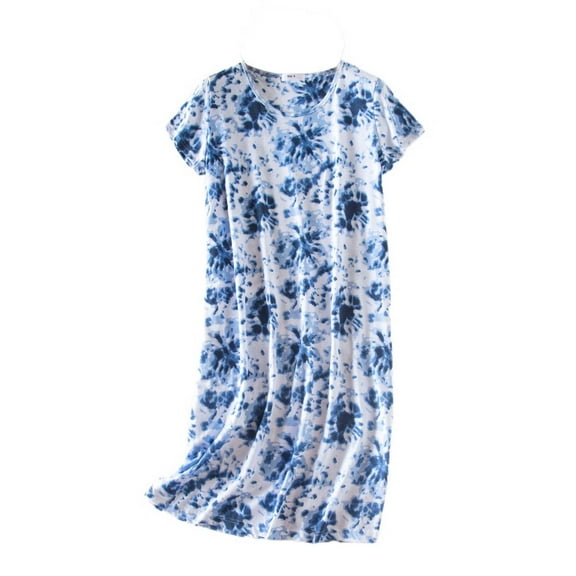 Previn Women's Short Sleeve Nightgown Knee Length Spring Cotton Night Gown Soft Pajamas Dress Comfy Summer Trendy Nightdress Loungewear Navy Small