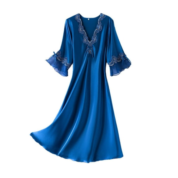 Previn Women's Short Sleeve Nightgown Satin Night Dress Summer Pjs Soft Silky Fall Vintage V Neck Thin Bow Comfy Sleep Dress Blue X-Large