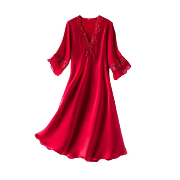 Previn Women's Short Sleeve Nightgown Satin Night Dress Summer Pjs Soft Silky Fall Vintage V Neck Thin Bow Comfy Sleep Dress Burgundy Large