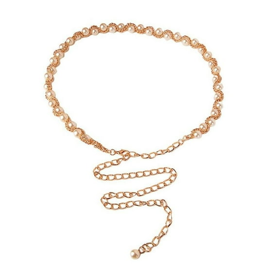 Previn Women's Skinny Waist Chain Belt Pearl Fashion Belt Buckle Beaded Holographic Adjustable Belts Elegant Casual Golden X-Small-Large