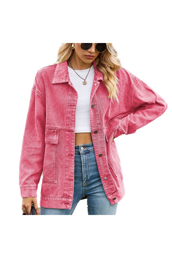 Women's Soft Jean Jacket Denim Long Sleeve Western Classic Fall Pocket Ladies 80s Drop Shoulder Oversized Spring Coat Pink Medium