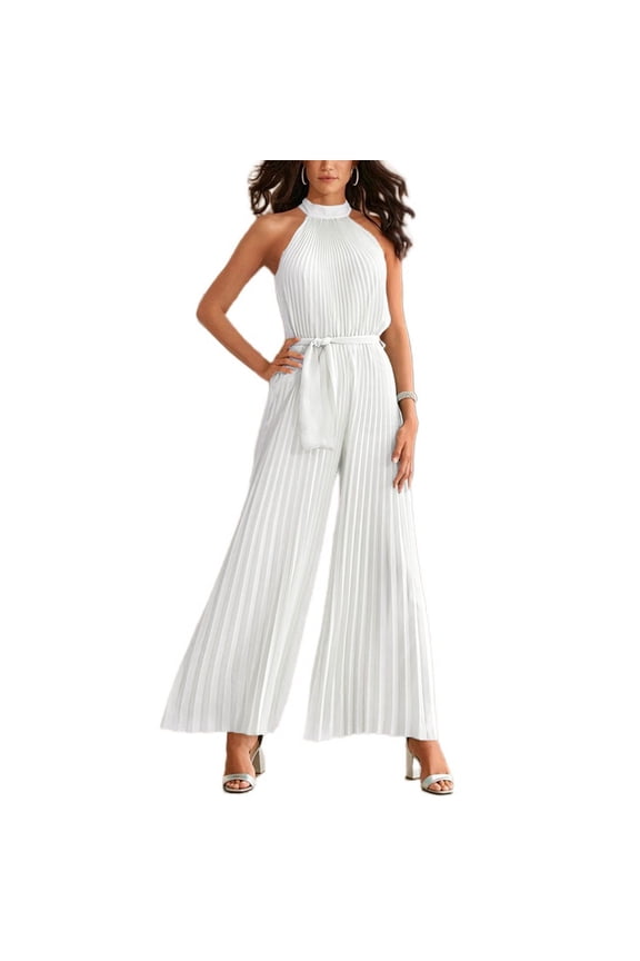 Women's Summer Sleeveless Jumpsuit Long Jumpsuits Wide Leg Pant Halter Casual Party Jumpers And Rompers White 12-14