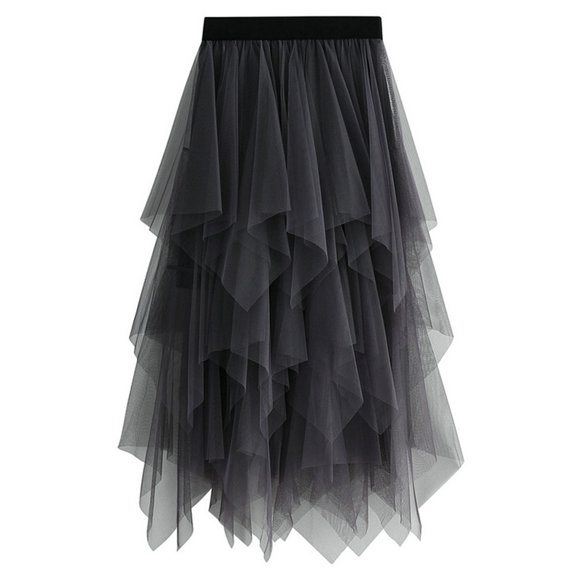 Previn Women's Tulle High Waisted Skirt Summer Overlay Tutu Asymmetrical Elastic Waist Tea-Length A-line Layered Party Ruffle Long Skirt Grey Small-Large