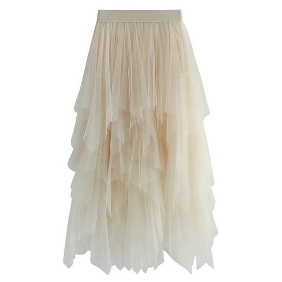 Previn Women's Tulle Skirt Tutu Asymmetrical High Waisted Elastic Waist Tea-Length Mid-length A-line Layered Apricot Small-Large