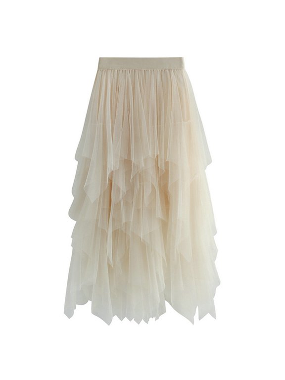 Women's Tulle Skirt Tutu Asymmetrical High Waisted Elastic Waist Tea-Length Mid-length A-line Layered Apricot Small-Large