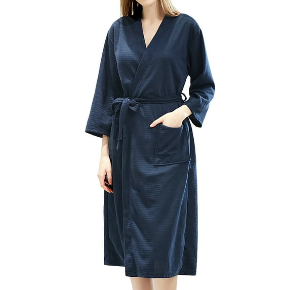 Previn Women's Waffle Knit Bathrobe Soft Lightweight Kimono Robe Knee Length Sleeping Cozy SPA Hotel Spring Summer Fall Bath Robe w/ Pockets Navy Small-Medium
