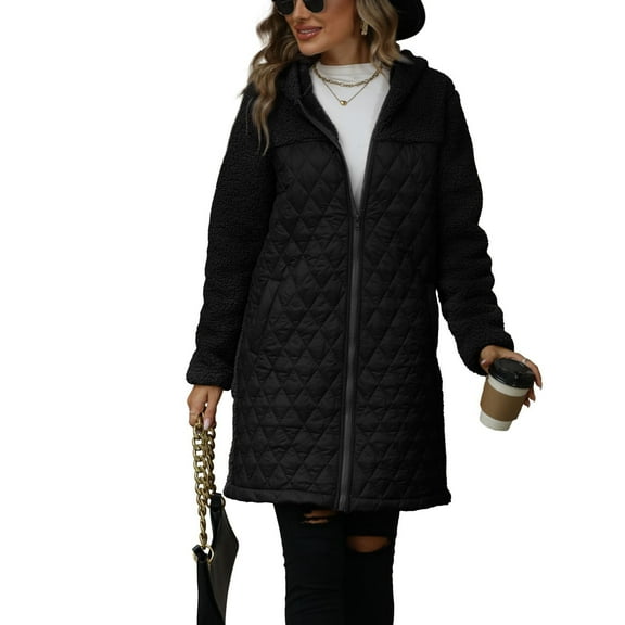 Previn Women's Winter Coat Snow Fleece Lined Long Sleeve Fall Thick Sherpa Fleece Oversized Outerwear Top Zip Hooded Pocket Black Small