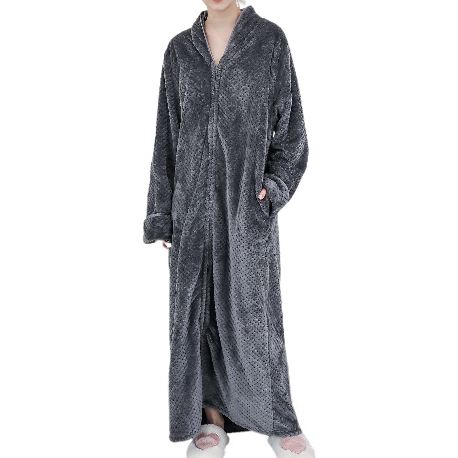 Previn Women's Winter Long Plush Robe Ladies Full Length Warm Thermal Long Sleeve V Neck Full Zip Up Zipper Comfy Bath Maternity Housecoat Qulited