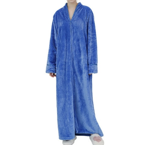 Previn Women's Winter Long Plush Robe Ladies Full Length Warm Thermal Long Sleeve V Neck Full Zip Up Zipper Comfy Bath Maternity Housecoat Qulited Fuzzy Fleece Bathrobe Pocket Blue XX-Small