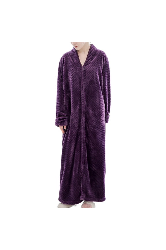 Women's Winter Long Plush Robe Ladies Full Length Warm Thermal Long Sleeve V Neck Full Zip Up Zipper Comfy Bath Maternity Housecoat Soft Qulited Fuzzy Fleece Bathrobe Pocket Purple Medium-Large