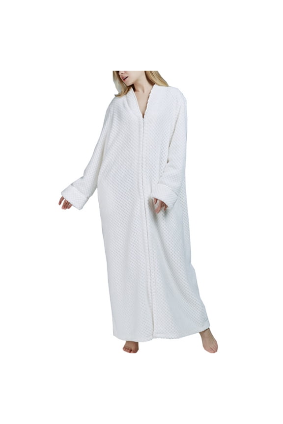 Women's Winter Long Plush Robe Ladies Full Length Warm Thermal Long Sleeve V Neck Full Zip Up Zipper Comfy Bath Maternity Housecoat Soft Qulited Fuzzy Fleece Bathrobe Pocket White XX-Small