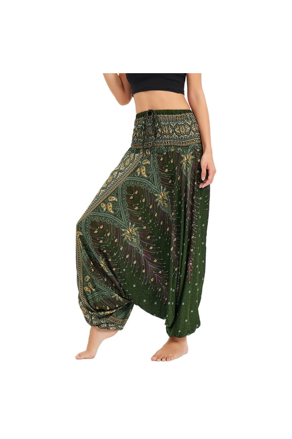 Women's Yoga Pants Boho Bohemian High Waisted Baggy Stretch Boho Comfy Beach Dance Loose Harem Pants Casual Pants Olive One Size