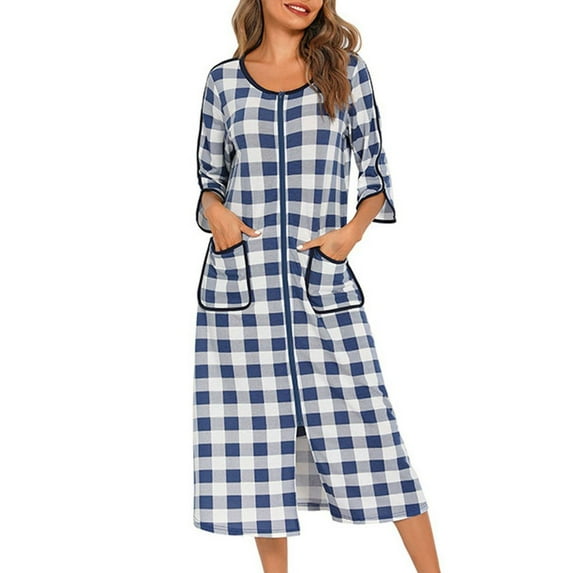Previn Women's Zip Up Robe Warm Housecoat 3/4 Sleeve House Coat Winter Cotton Zipper Nightgown Fall Comfy Thick Blue Medium