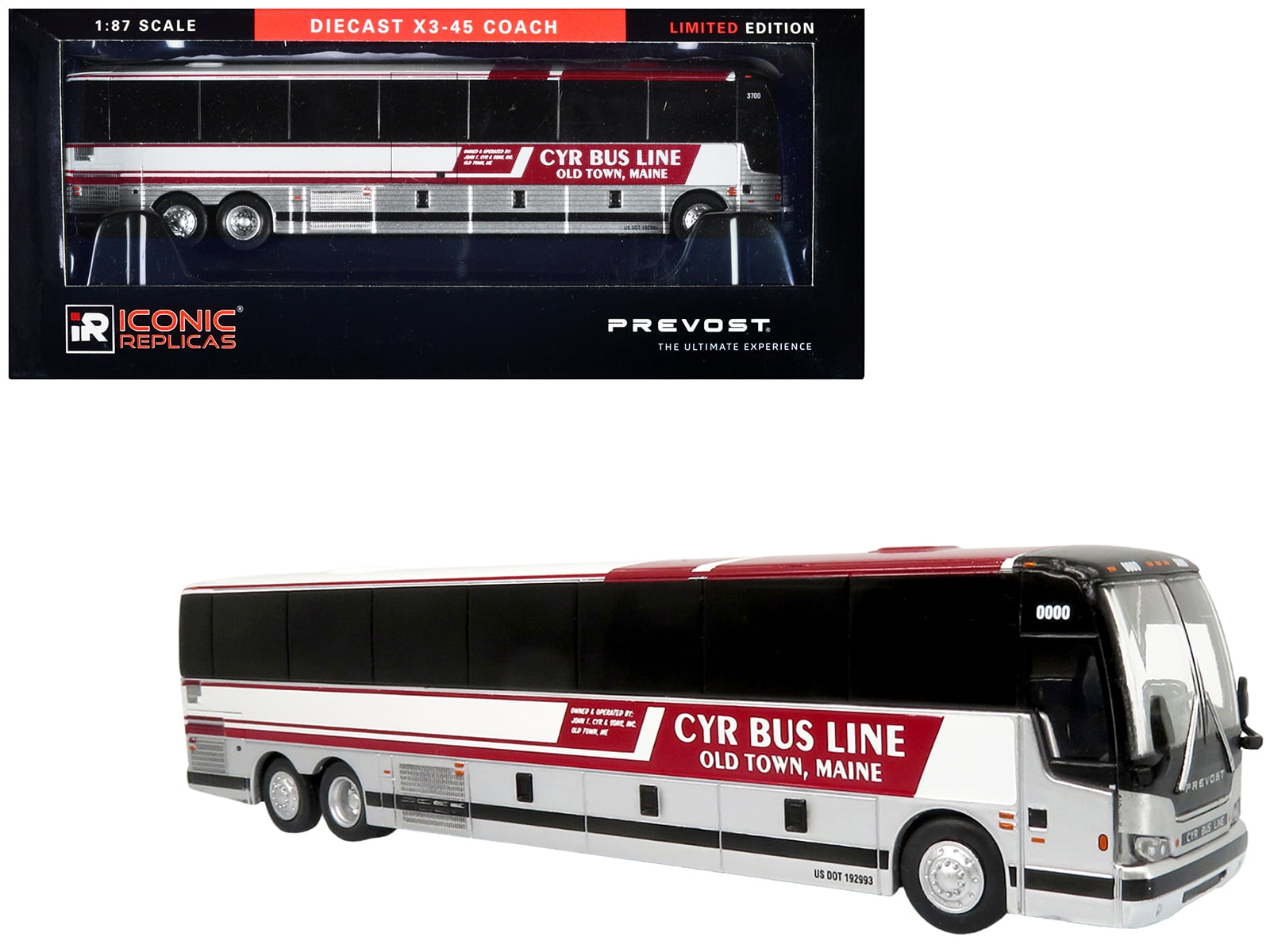 Prevost X345 Coach Bus "CYR Bus Line Old Town, Maine" Red and White Limited Edition 1/87 (HO