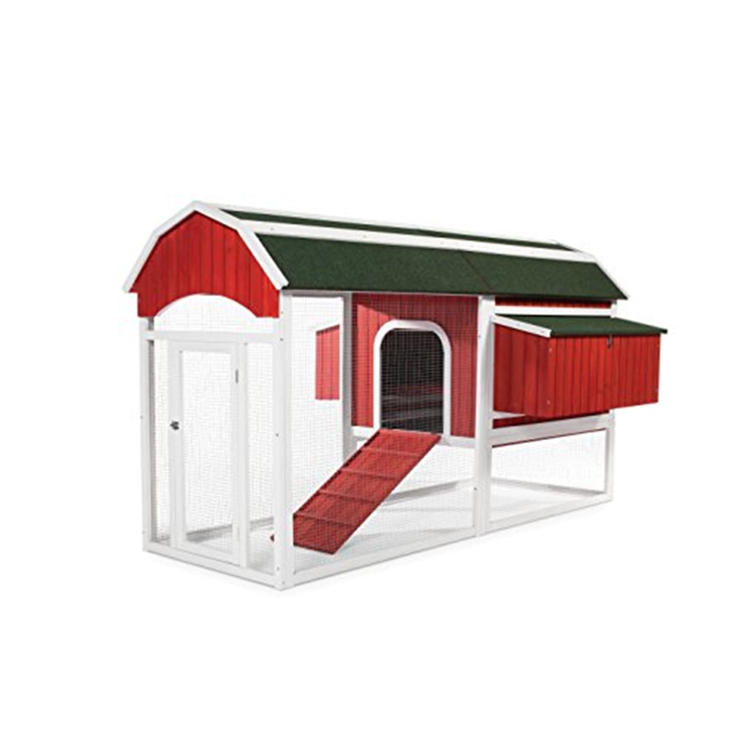 Large Red Barn Chicken Coop with Green Roof