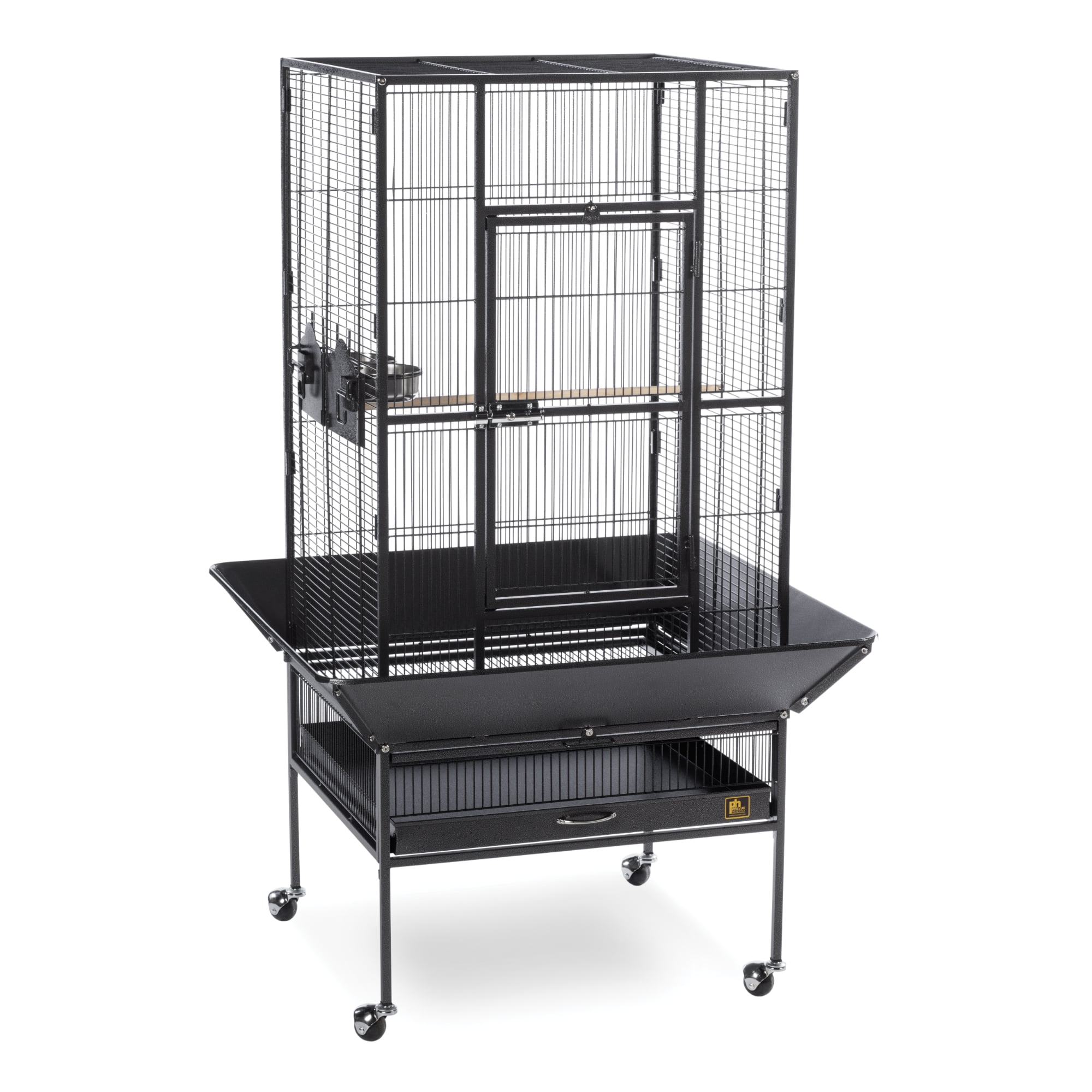 Large Black Powder-Coated Steel Bird Cage with Stand