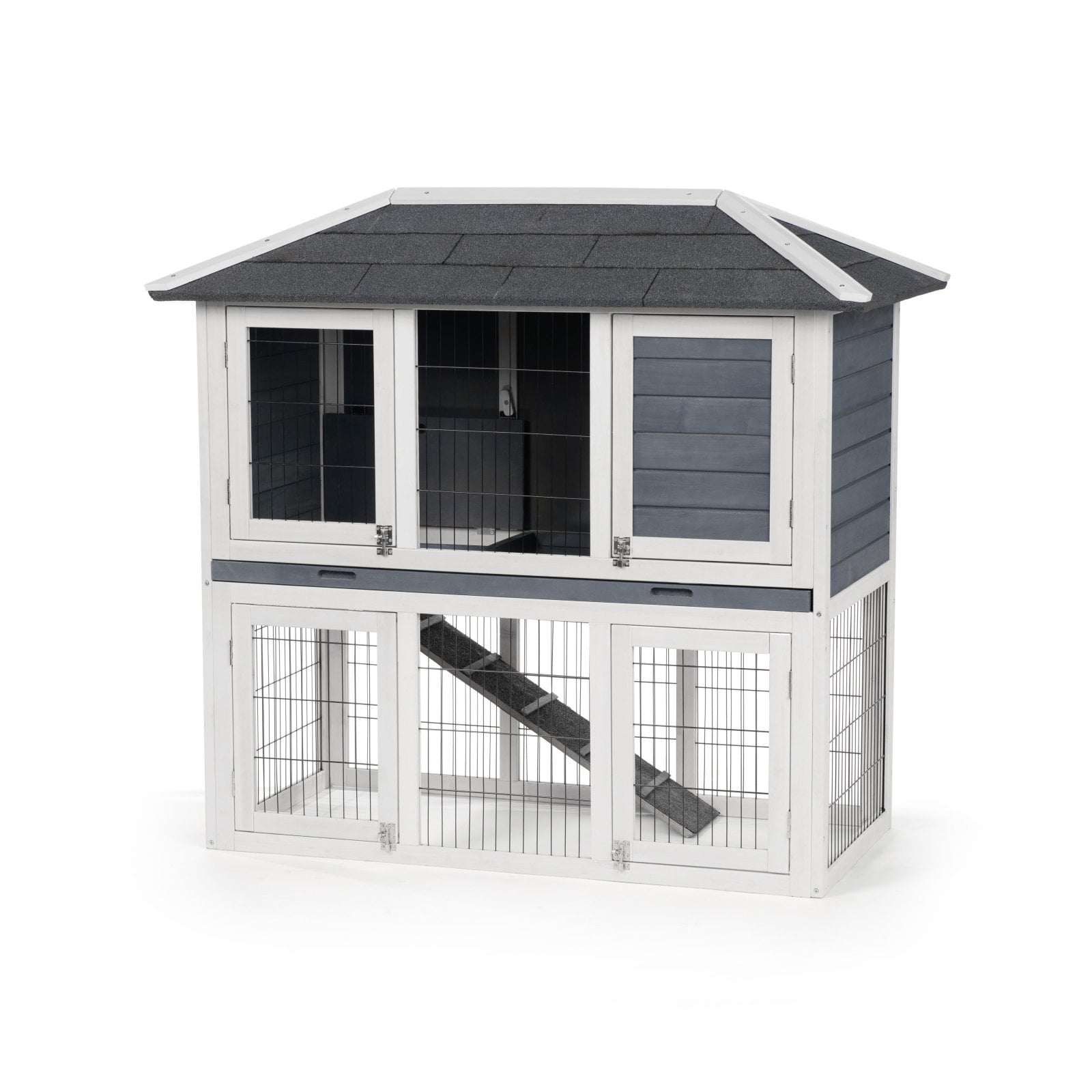 Gray and White Fir Wood Two-Story Rabbit Hutch